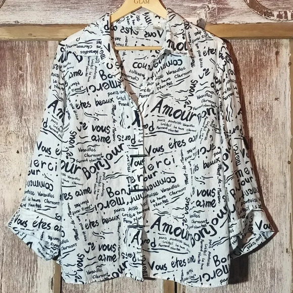 Linen Laura Ashley Woman french print black white button cuffed sleeve 1X - Picture 1 of 12